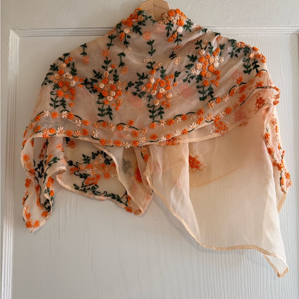Hand-Embroidered Floral Scarf Wrap